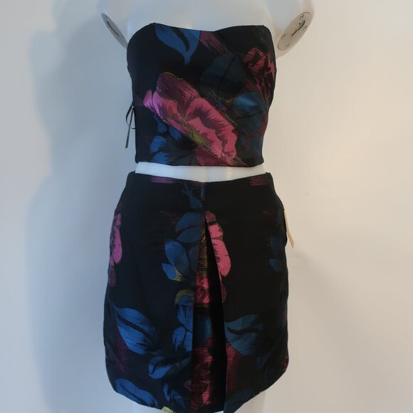 NWT Rachel Rachel Roy Black, Blue, Purple Floral Strapless Top & Skirt Set 0 - Picture 2 of 8
